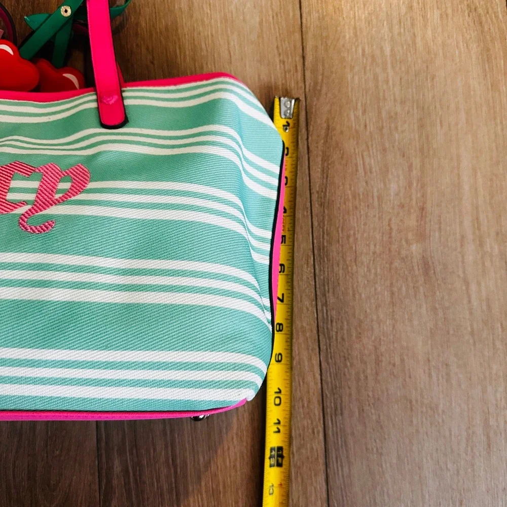Juicy Couture Paradise Tote Retro Green Striped Canvas Bag Pink Trim NEW